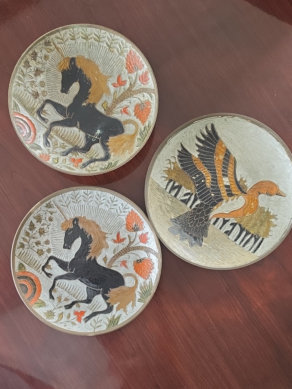 Decorative Cloissone Unicorn & Duck Decorative Brass Plates (2) and Trinket Dish